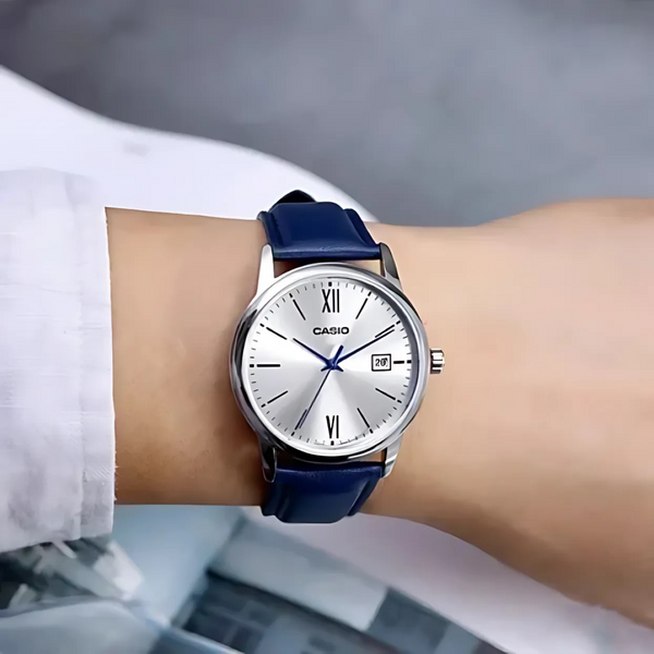 Casio Enticer Date Silver Dial Leather Belt Watch | MTP-V002L-2B3UDF