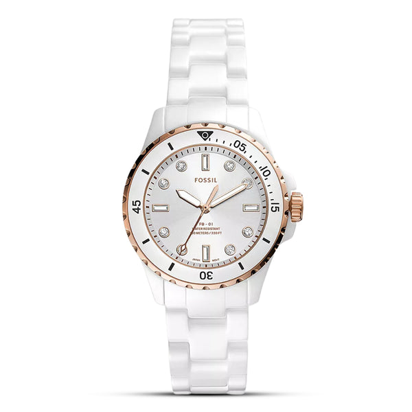 Fossil Three-Hand White Ceramic Women's Watch| CE1107