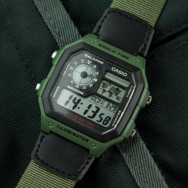 CASIO ARMY GREEN NYLON DIGITAL MEN'S WATCH| AE-1200WHB-3BVDF