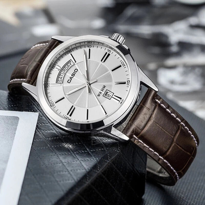 CASIO ENTICER Brown Leather White Dial Men s Watch MTP 1381L 7AVDF