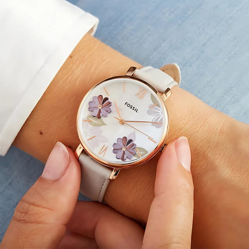 Fossil Jacqueline White Floral Dial Leather Strap Ladies Watch | ES4672