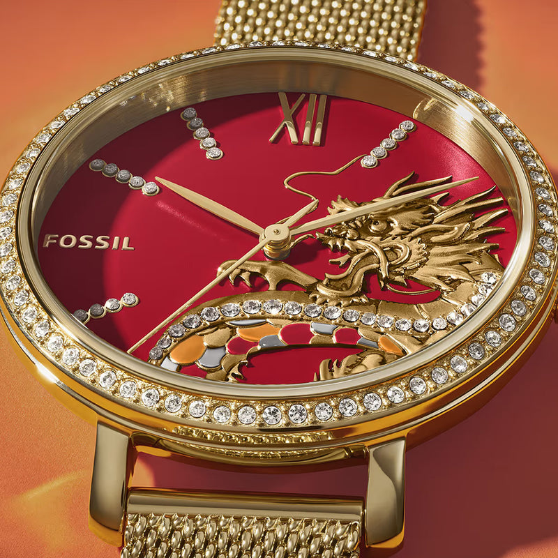 Fossil Jacqueline Red Dial Gold Tone Mesh Strap Watch | ES5316