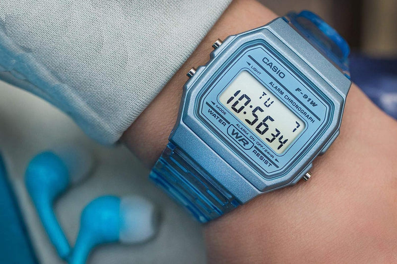 Casio Vintage Digital Transparent Blue Resin Strap Ladies Watch | F-91WS-2DF