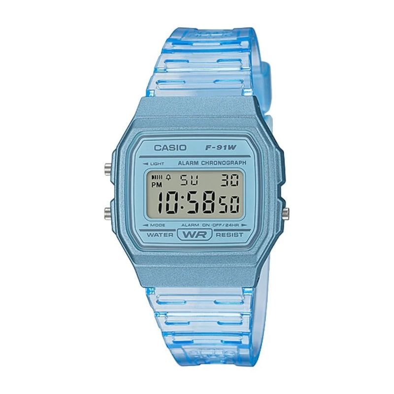 Casio Vintage Digital Transparent Blue Resin Strap Ladies Watch | F-91WS-2DF