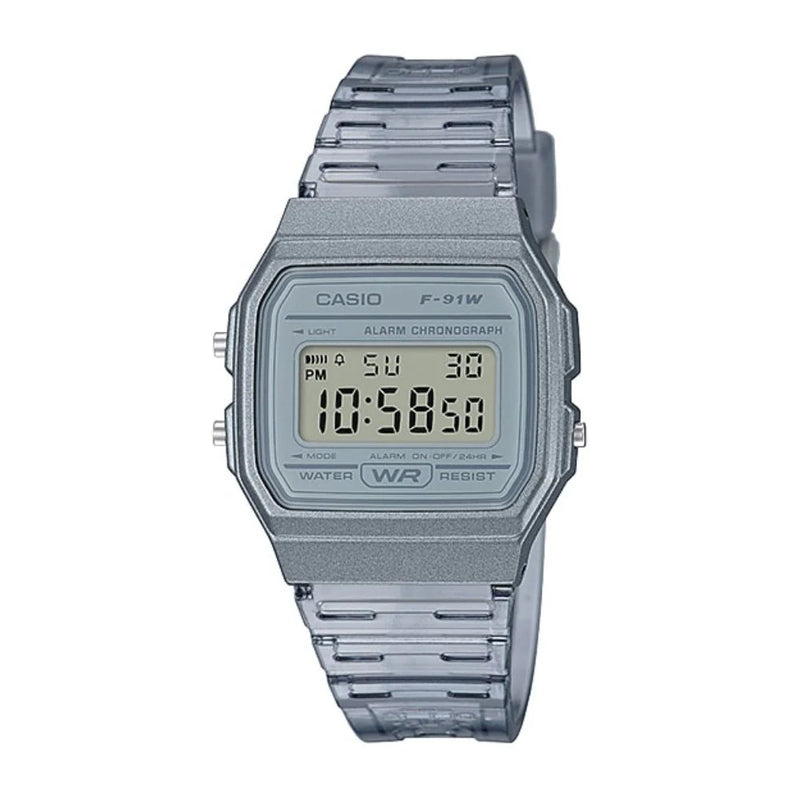 Casio Vintage Digital Transparent Grey Resin Strap Ladies Watch | F-91WS-8DF