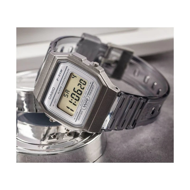 Casio Vintage Digital Transparent Grey Resin Strap Ladies Watch | F-91WS-8DF