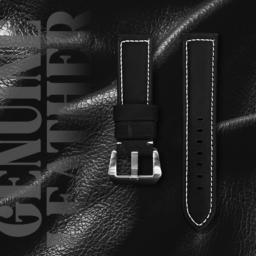 Cavern Stitched Black Soft Leather Strap | 22MM 