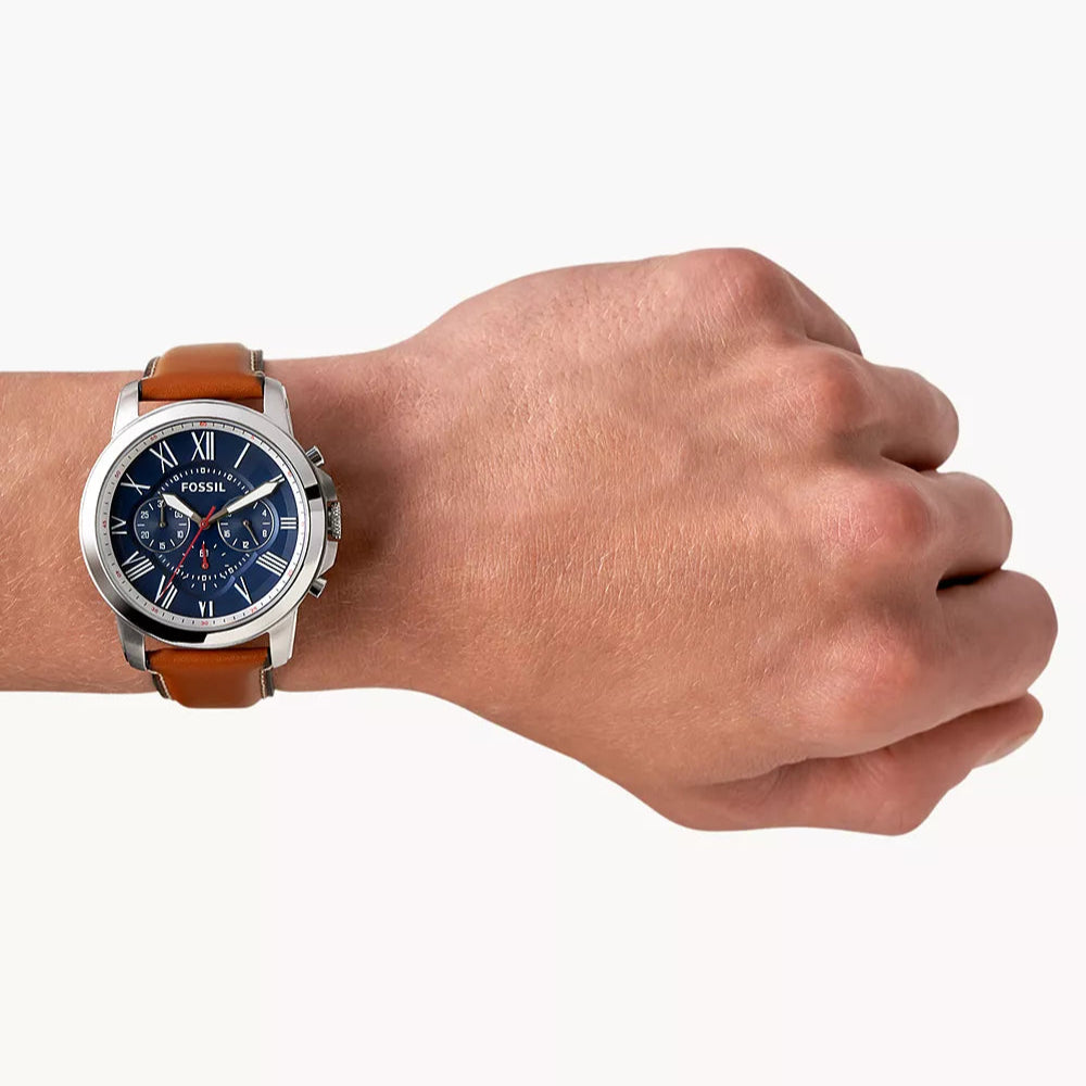 Fossil Grant Blue Dial Brown Leather Strap Men's Watch | FS5210