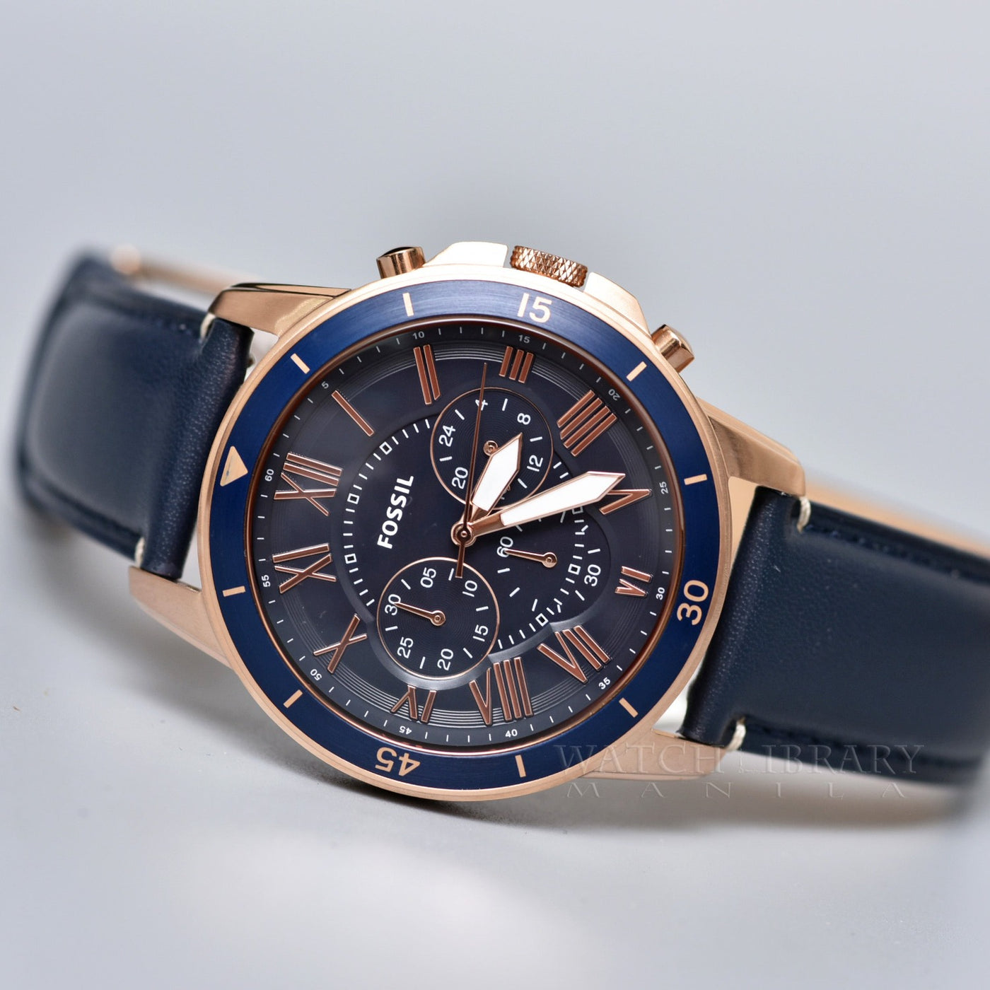 Fossil grant sport chronograph blue leather watch online