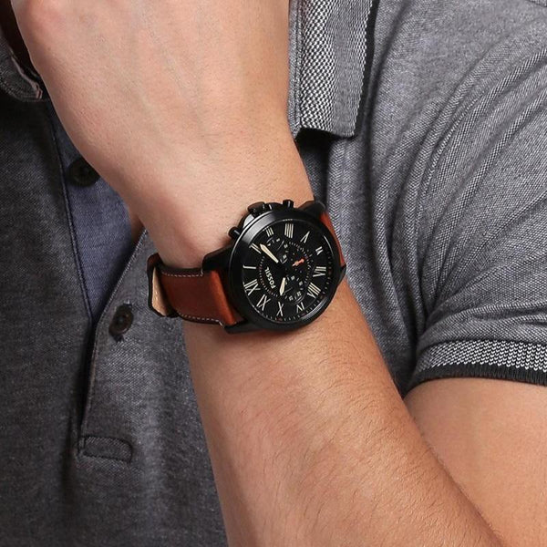 Fossil Grant Chronograph Black Dial Leather Strap Watch | FS5241