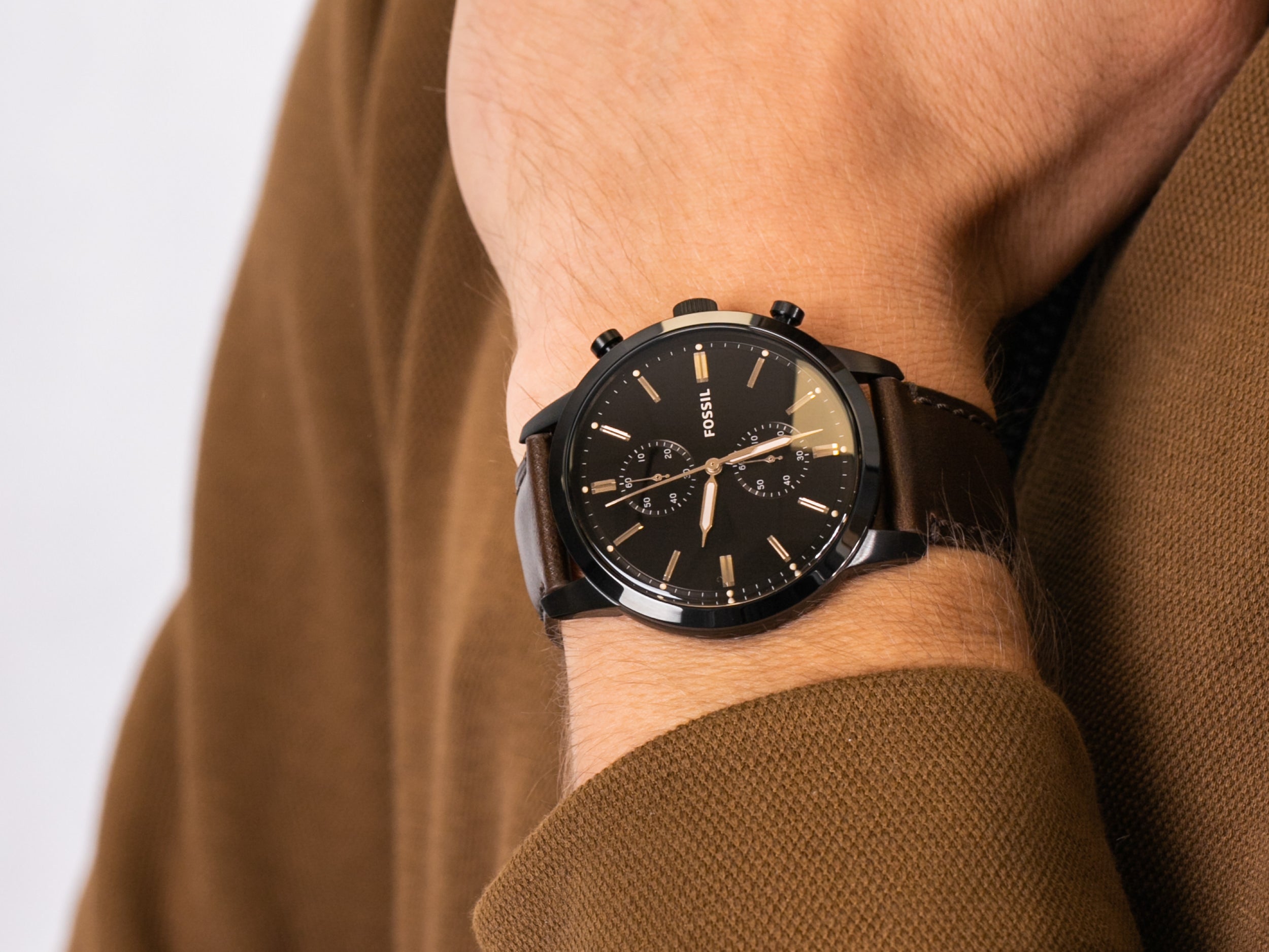 Fossil Townsman Chronograph Black Dial Leather Strap Watch FS5437