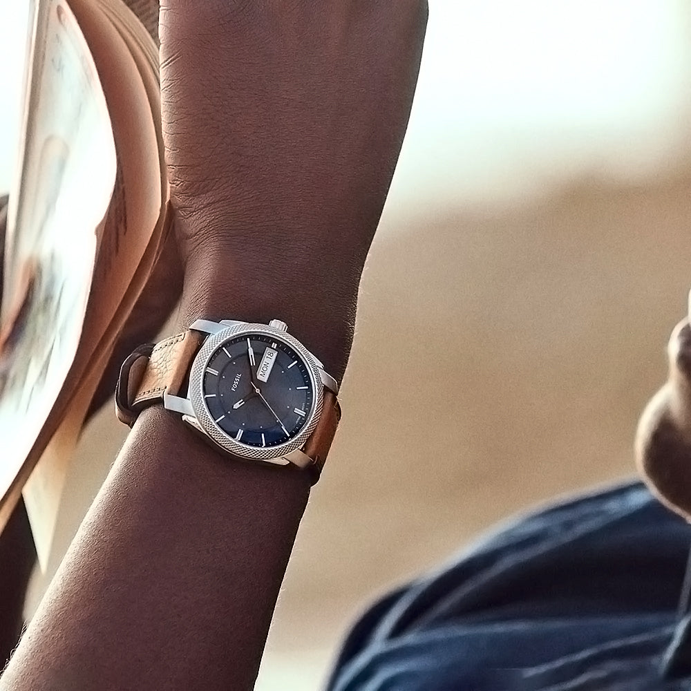 Fossil Machine Tan LiteHide Leather Blue Dial Men's Watch FS5920