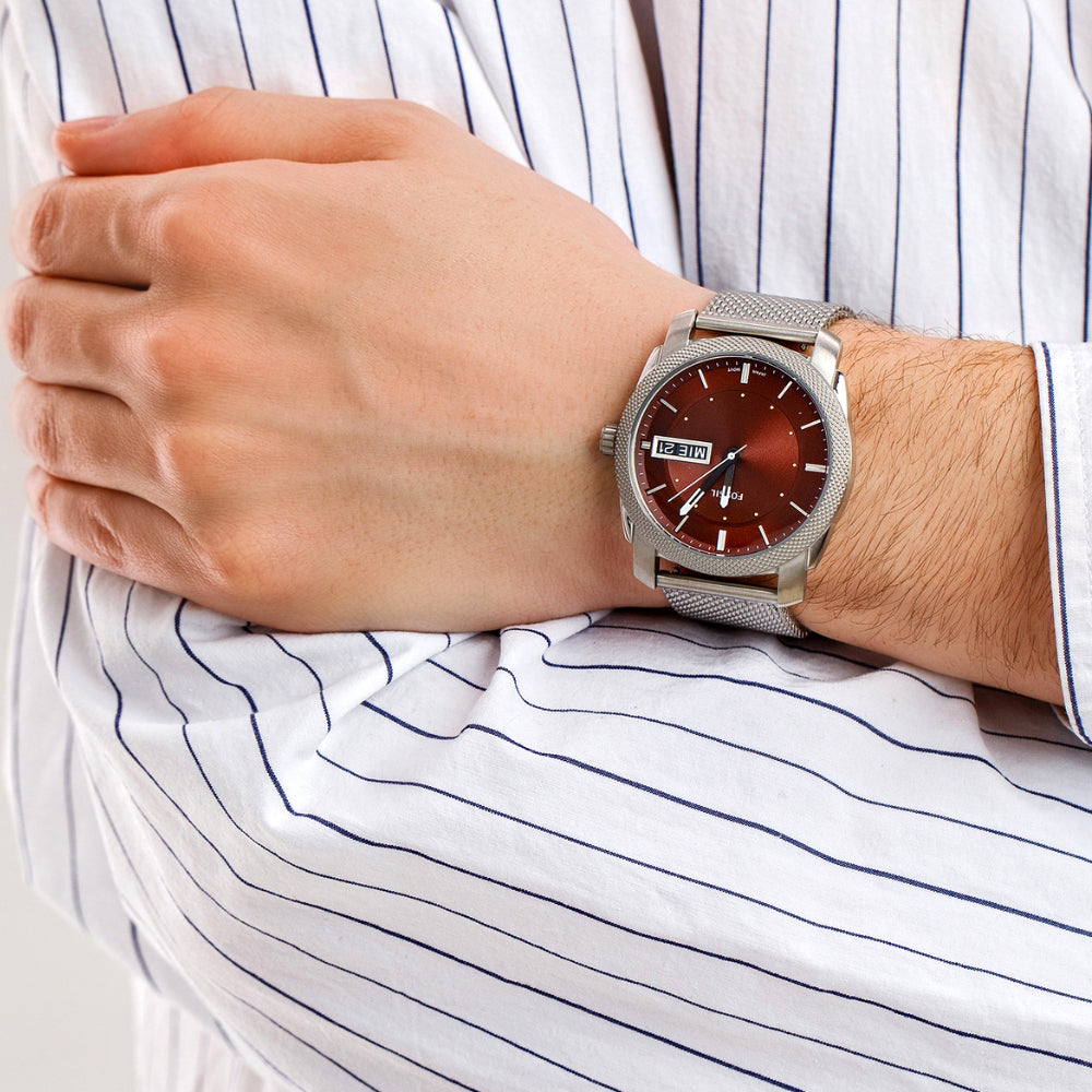 Fossil Machine Mesh Chain Burgundy Dial Men's Watch FS6014