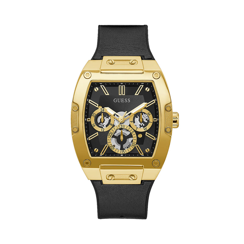 GUESS US Men's Black and Gold-Tone Square Multifunction Watch