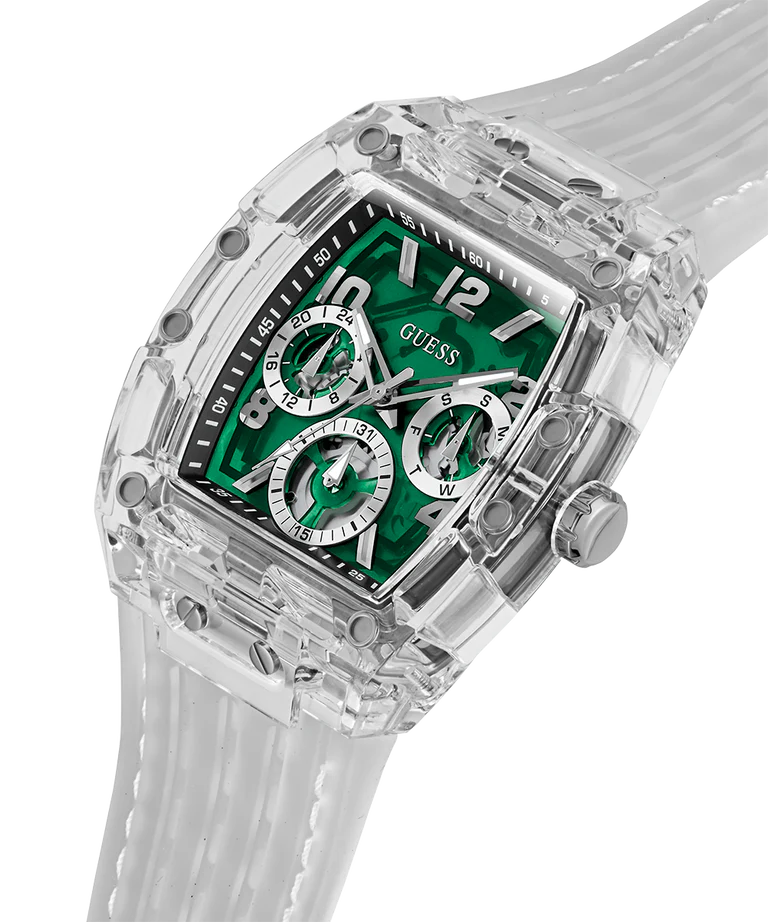 GUESS WHITE GREEN CLEAR MULTI-FUNCTION MEN'S WATCH| GW0499G8