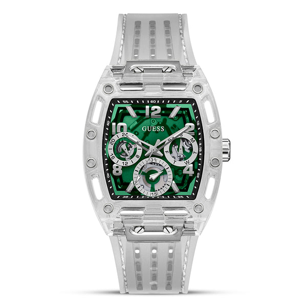 GUESS WHITE GREEN CLEAR MULTI-FUNCTION MEN'S WATCH| GW0499G8