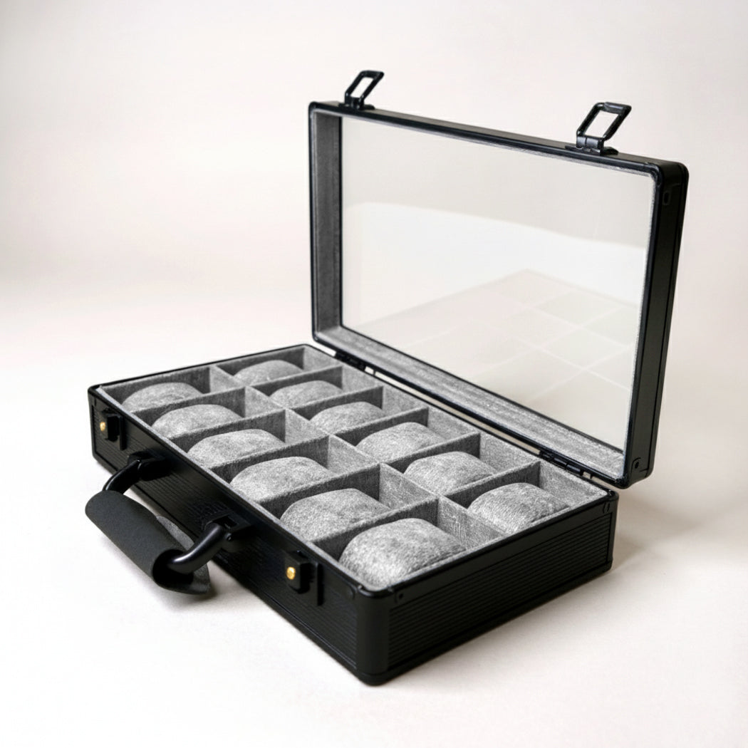 12 Slots Premium Black Watch Case with Handle-Stylish & Secure Storage