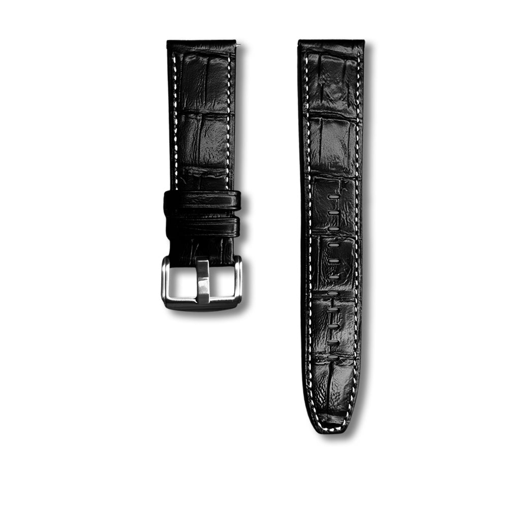 Cavern Premium 22mm Black Crocodile Textured Stitched Leather Strap