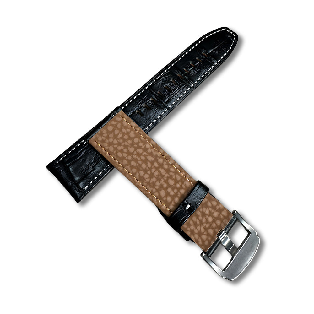 Cavern Premium 22mm Black Crocodile Textured Stitched Leather Strap