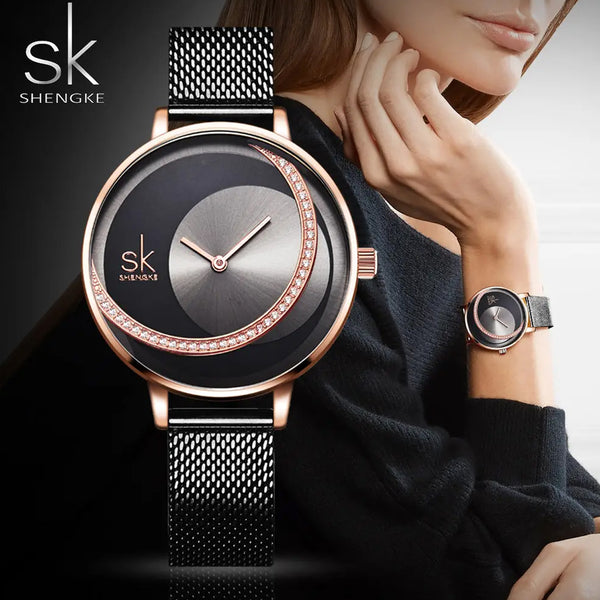 SHENGKE Luxury Creative Steel Mesh Strap Black Dial Ladies Watch | K0088L