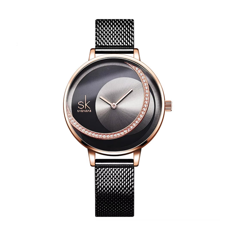 SHENGKE Luxury Creative Steel Mesh Strap Black Dial Ladies Watch | K0088L