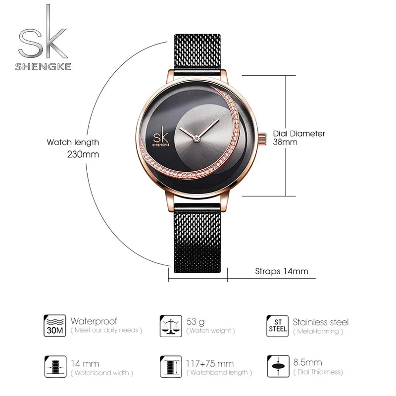 SHENGKE Luxury Creative Steel Mesh Strap Black Dial Ladies Watch | K0088L