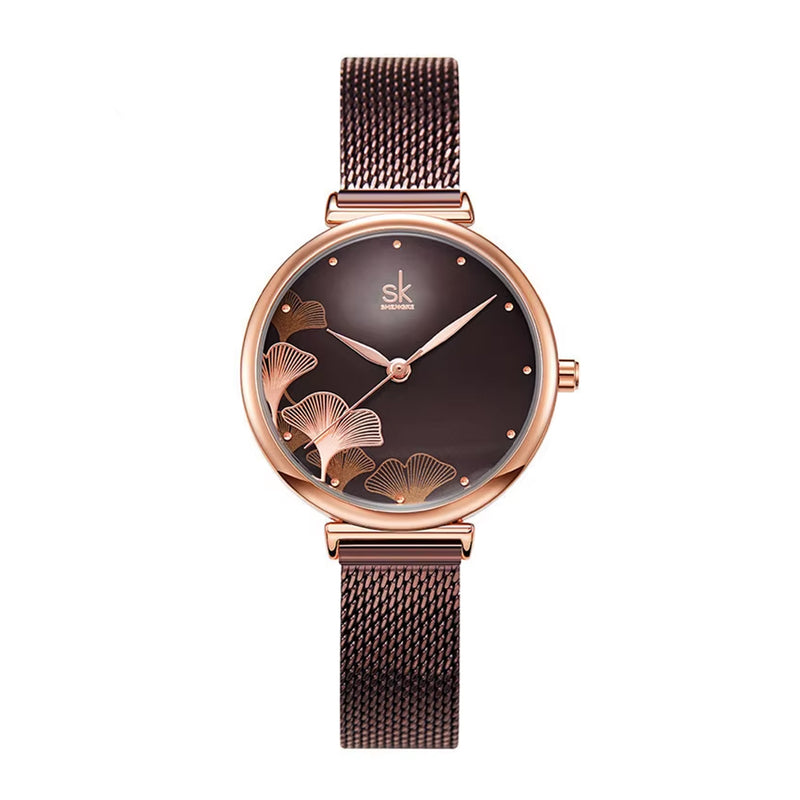 SHENGKE Luxury Steel Mesh Strap Cofee Dial Ladies Watch | K0139L