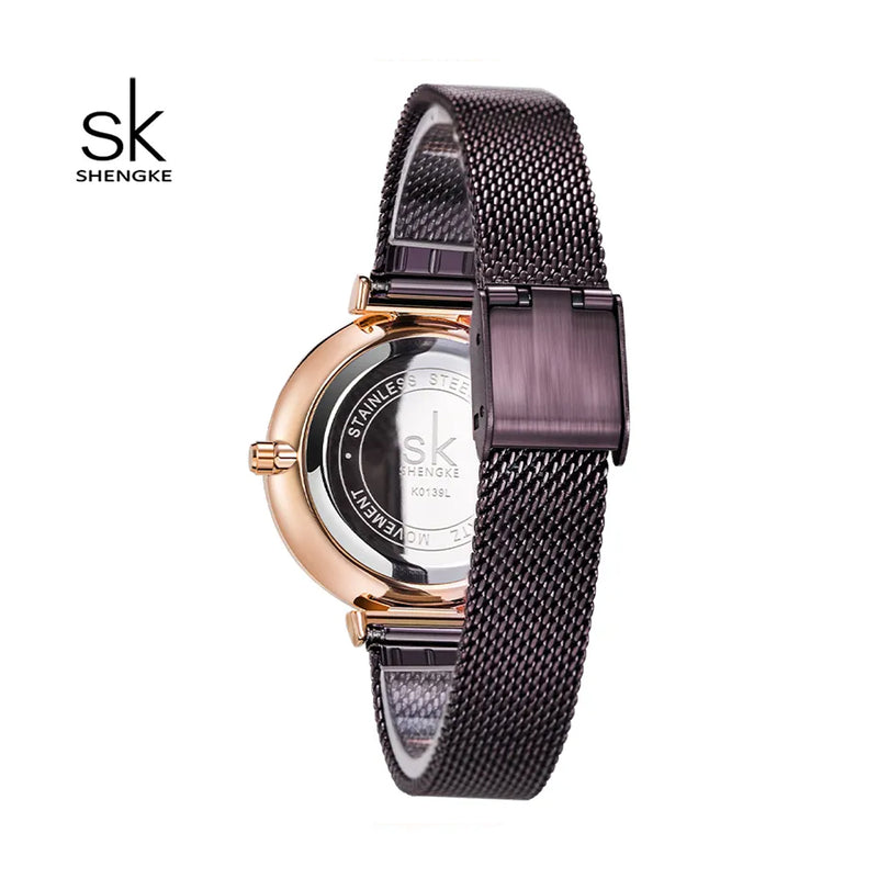 SHENGKE Luxury Steel Mesh Strap Cofee Dial Ladies Watch | K0139L