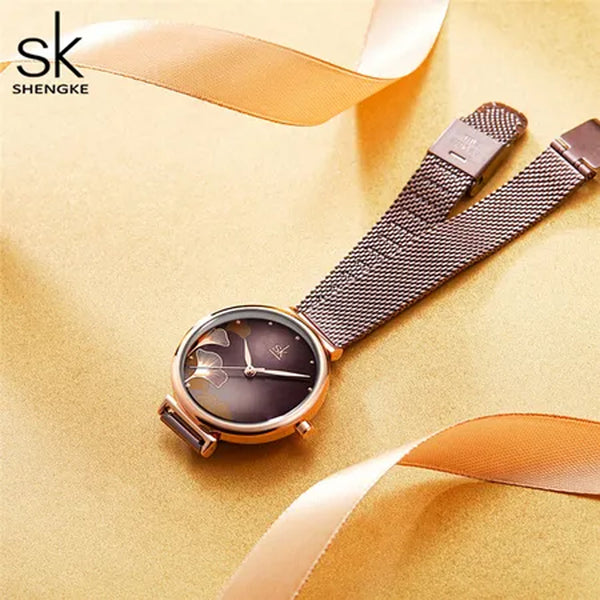 SHENGKE Luxury Steel Mesh Strap Cofee Dial Ladies Watch | K0139L