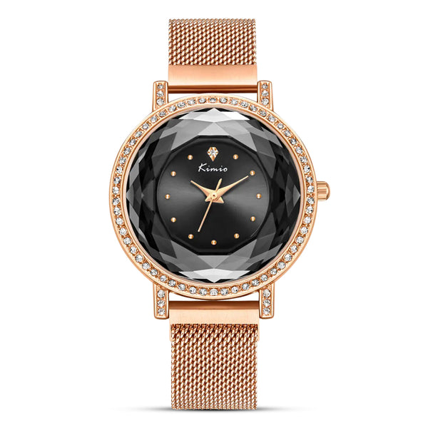 KIMIO Diamond Quartz Rose Gold Mesh Band Ladies Watch | K6371M