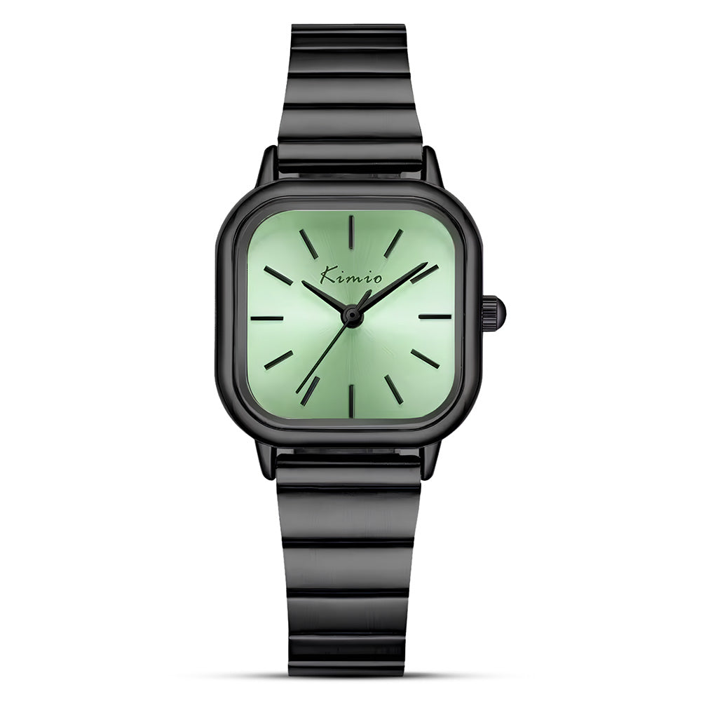 KIMIO Elegant Green Square Dial Black Tone Ladies Watch | K6498S-XZ1ZZQ