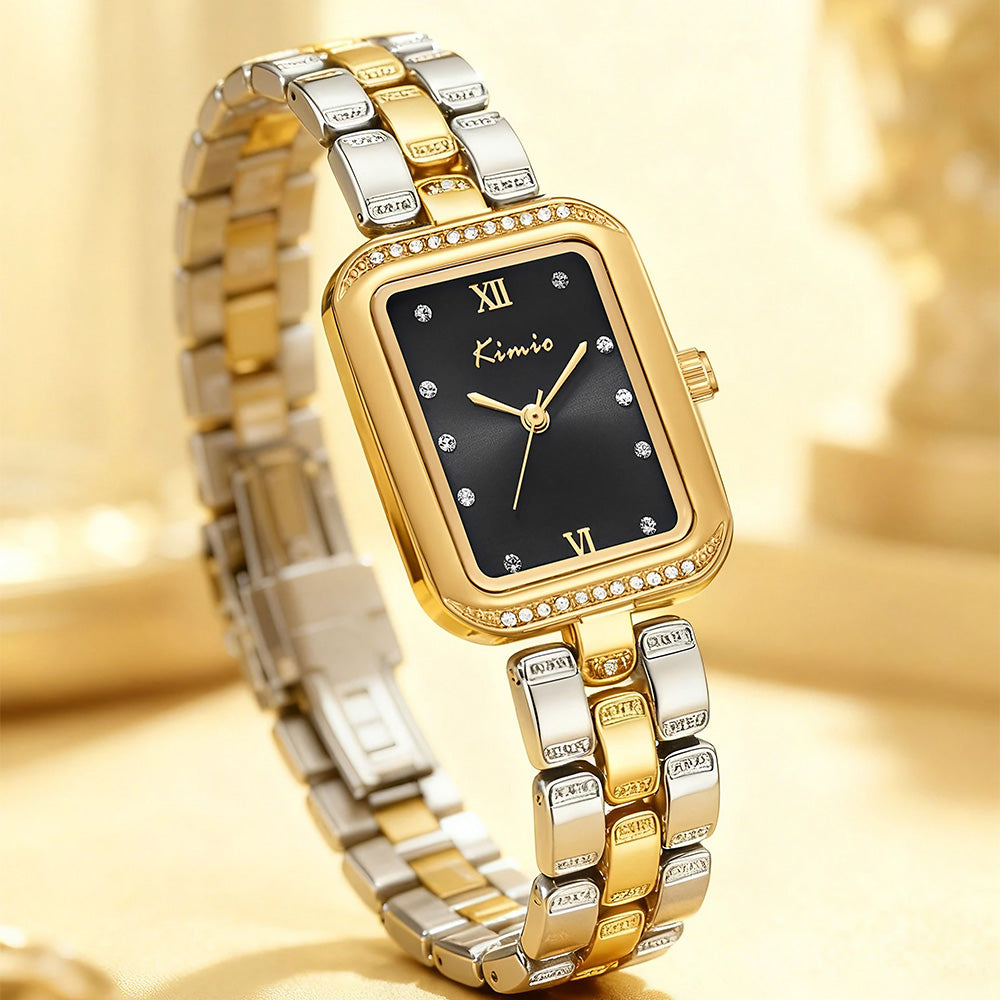 Kimio Vintage Rectangle Two Tone BLack Dial Ladies Watch | K6678S-XD1GTH