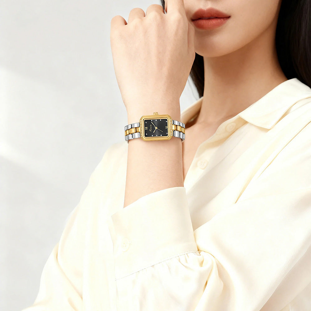 Kimio Vintage Rectangle Two Tone BLack Dial Ladies Watch | K6678S-XD1GTH
