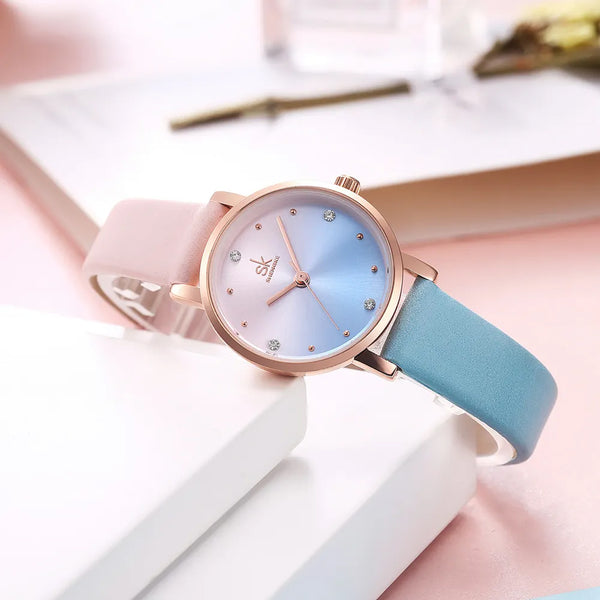 SHENGKE Charming Gradient Two-tone Dial Soft Leather Strap Ladies Watch | K8029L