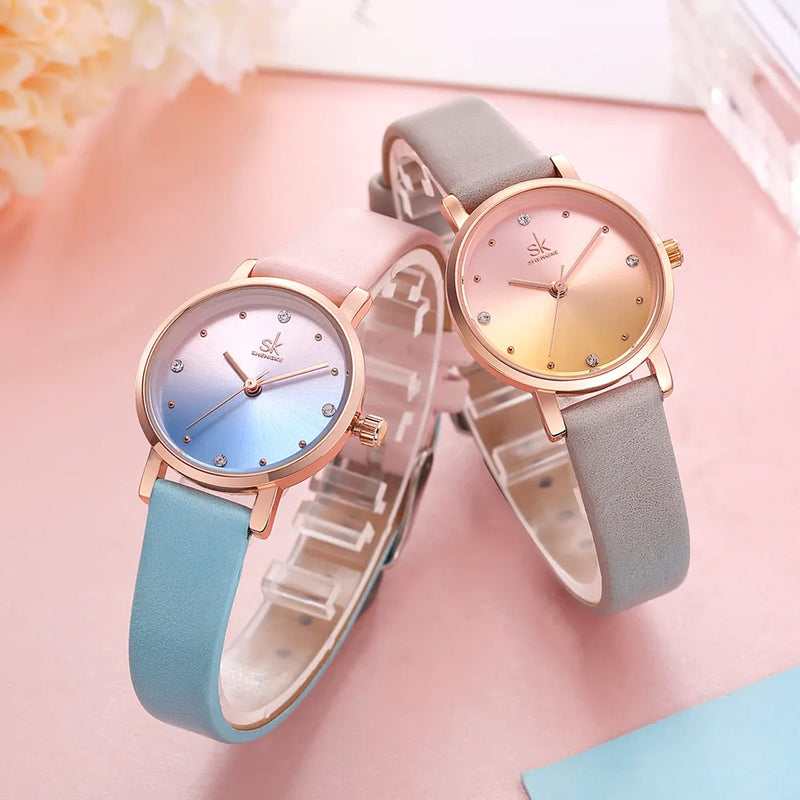 SHENGKE Charming Gradient Two-tone Dial Soft Leather Strap Ladies Watch | K8029L