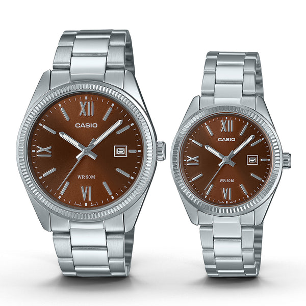 Casio Brown Dial Stainless Steel Couple Watch | MTP/LTP-1302DD-5AVDF