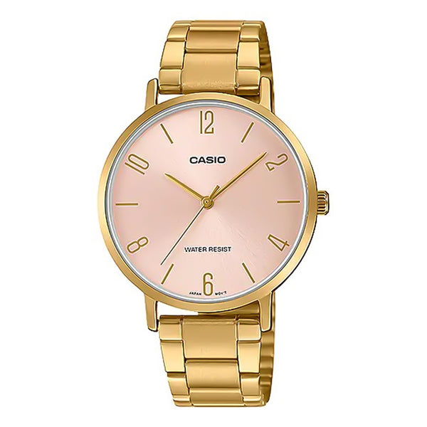 Casio Slim Gold Tone Pink Dial Stainless Steel Strap Ladies Watch | LTP-VT01G-4BUDF