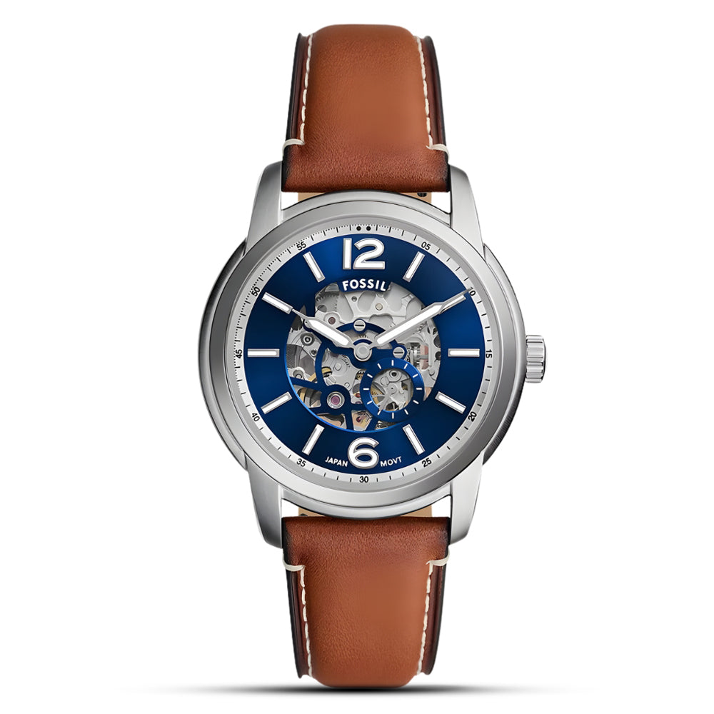 Me3253 Fossil Heritage Brown Leather Automatic Blue Dial Men's Watch ME3263