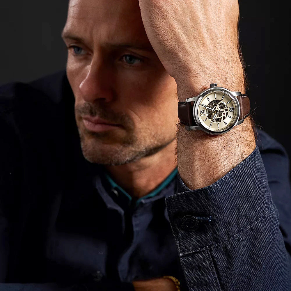 Fossil Heritage Brown Leather Automatic Beige Dial Men's Watch ME3264