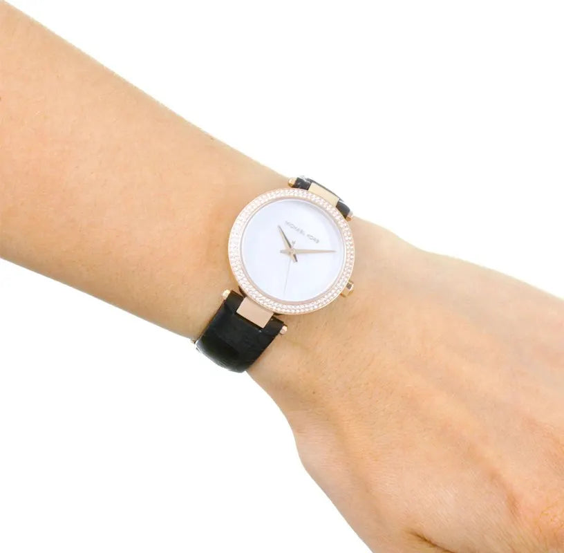 Michael Kors Parker White Pearl Dial Black Strap Ladies Watch| MK2591