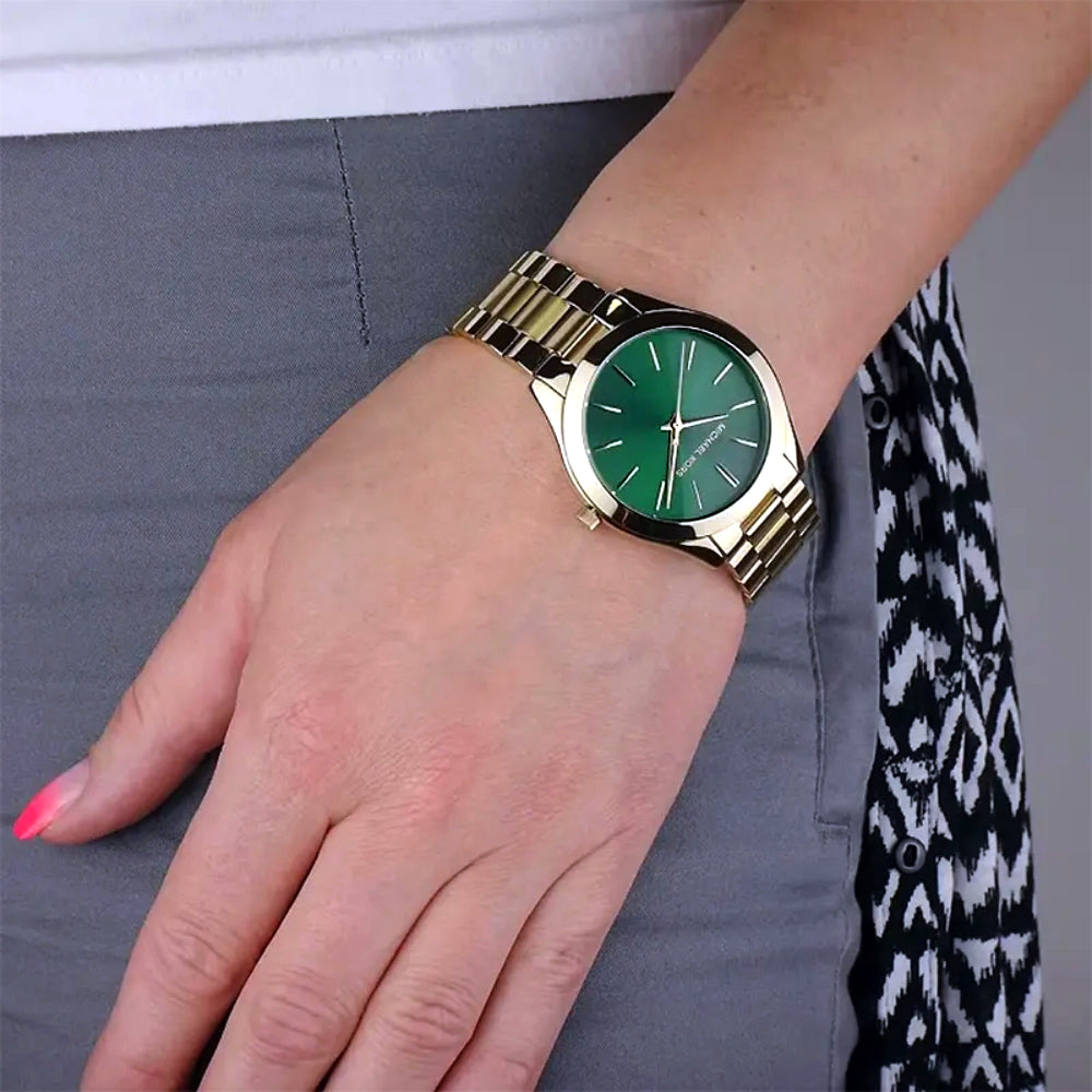 Michael Kors Slim Runway Gold Green Ladies Watch | MK3435