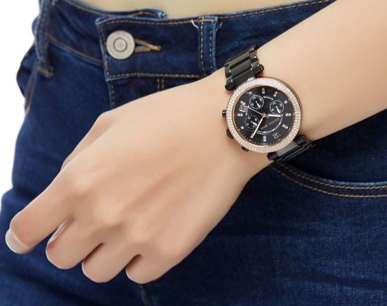 Michael Kors Parker Chronograph Black Leather Ladies Watch| MK5885