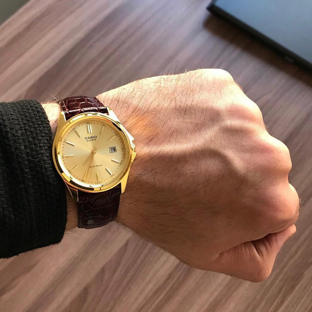 Casio Enticer Champagne Dial Leather Strap Watch | MTP-1183Q-9ADF