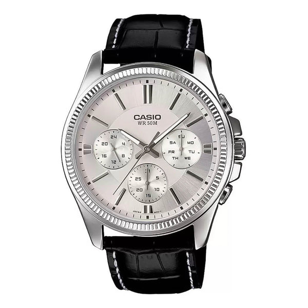 Casio Enticer Silver Dial Black Leather Strap Men's Watch| MTP-1375L-7AVDF