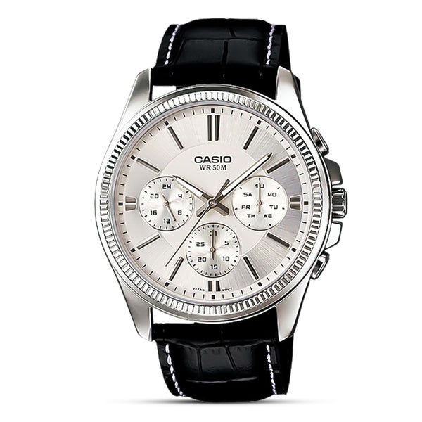 Casio Enticer Silver Dial Black Leather Strap Men's Watch| MTP-1375L-7AVDF