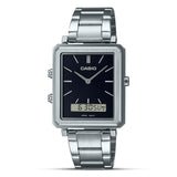 Casio Dual Time Black Dial Stainless Steel Watch| MTP-B205D-1EDF