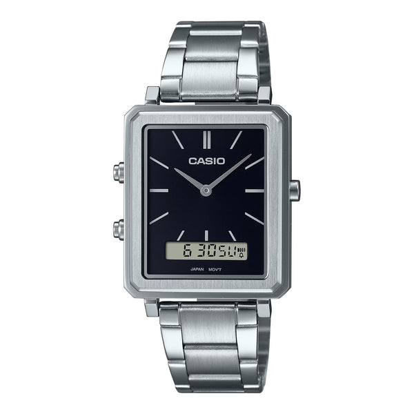 Casio Dual Time Black Dial Stainless Steel Watch| MTP-B205D-1EDF