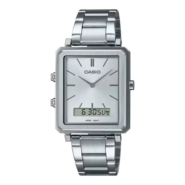 Casio Dual Time Silver Dial Stainless Steel Watch| MTP-B205D-7EDF