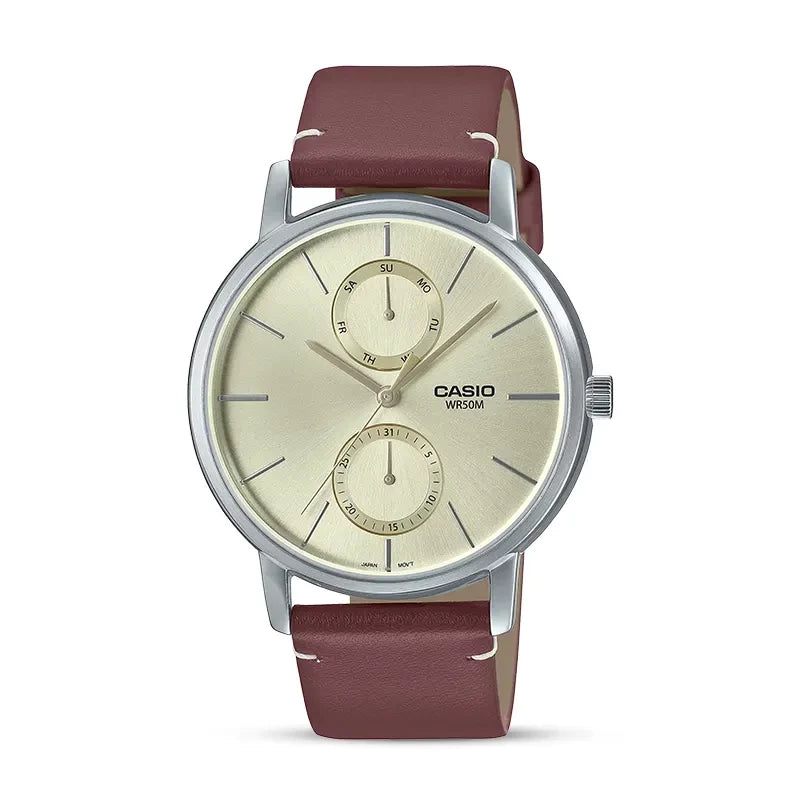 Casio Enticer Silver Dial Brown Leather Strap Watch| MTP-B310L-9AVDF