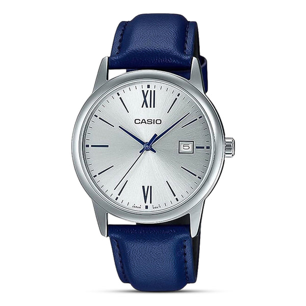 Casio Enticer Date Silver Dial Leather Belt Watch | MTP-V002L-2B3UDF